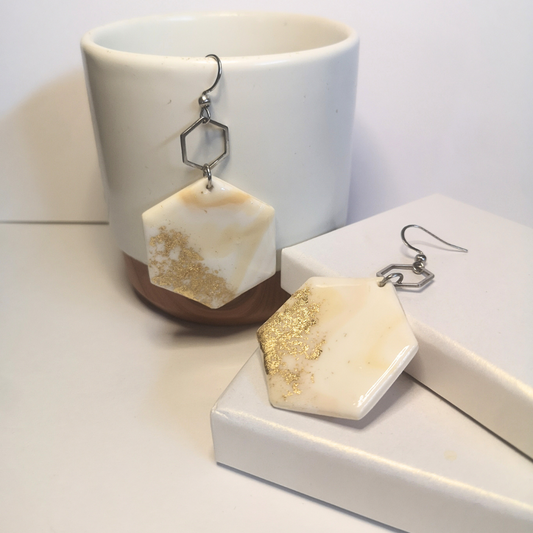 Marble Gold Leaf Hexagon Polymer Clay Dangle Earrings