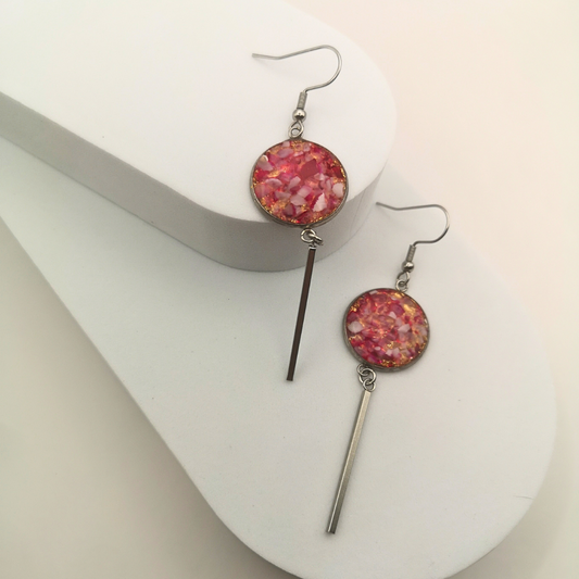 Crushed Red Pink Agate Dangle Earrings with Gold Leaf Accents