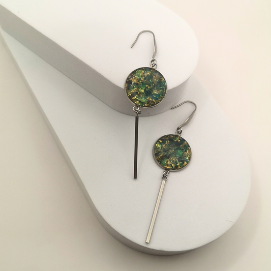 Crushed Blue Green Agate Dangle Earrings with Gold Leaf Accents