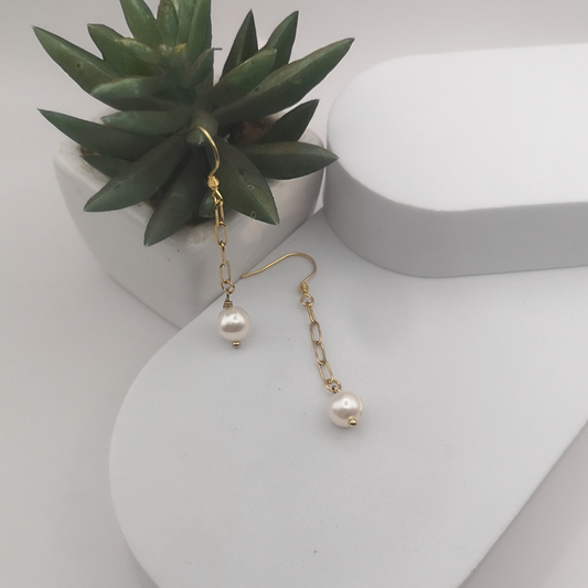 Golden Stainless Steel White Freshwater Pearl Dangle Earrings