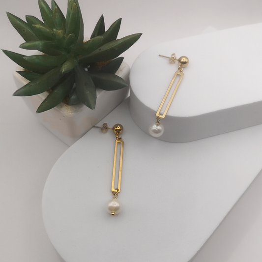 Golden Stainless Steel White Freshwater Pearl Dangle Earrings