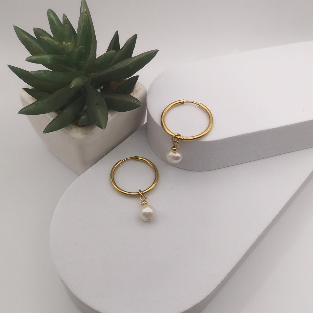 Golden Stainless Steel White Freshwater Pearl Hoop Earrings