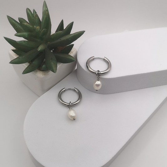 White Freshwater Pearl Stainless Steel Hoop Earrings