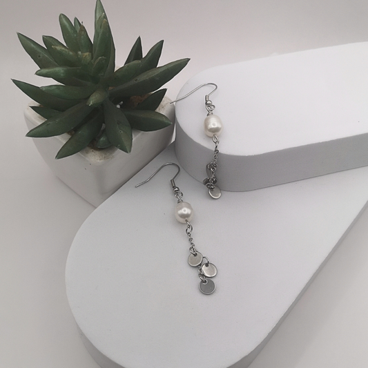 White Freshwater Pearl Stainless Steel Dangle Earrings