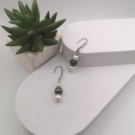 White And Dark Green Freshwater Pearl Stainless Steel Drop Earrings