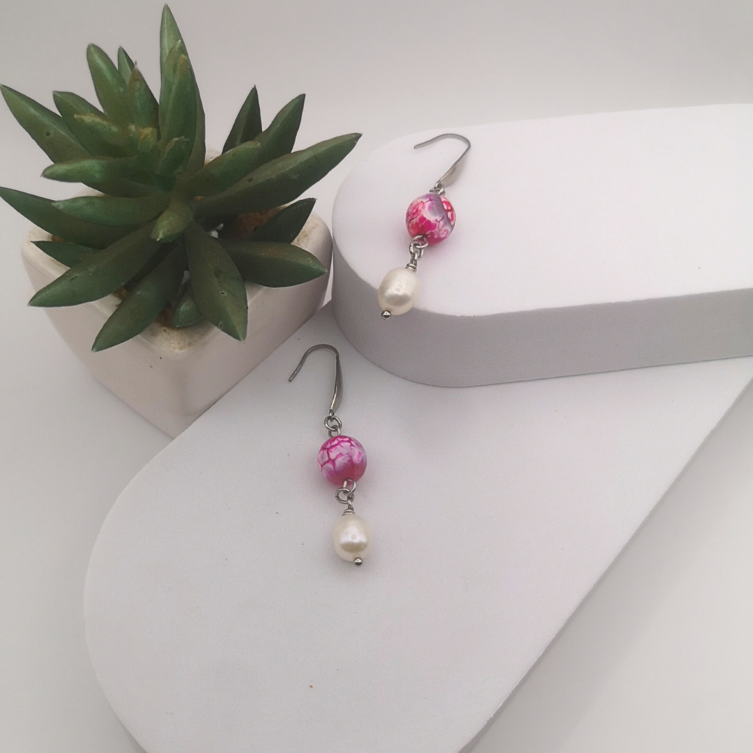 White Freshwater Pearl And Pink Agate Drop Earrings