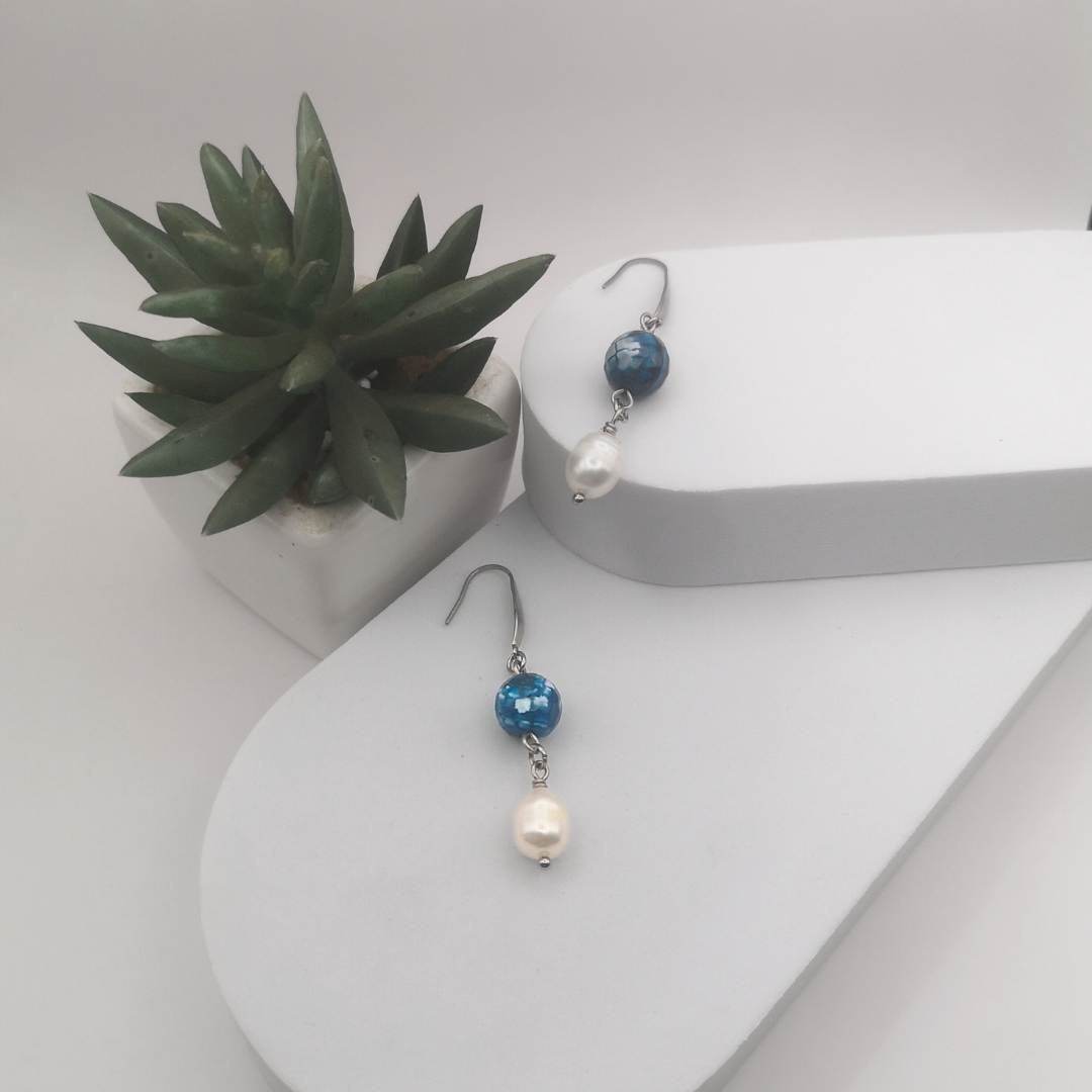 White Freshwater Pearl And Blue Agate Drop Earrings