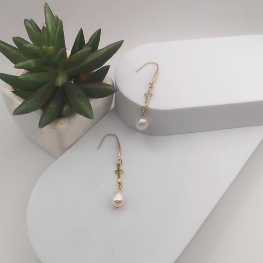 Golden Stainless Steel White Freshwater Pearl Earrings.