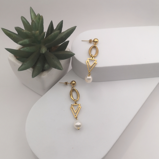 Golden Stainless Steel White Freshwater Pearl Earrings