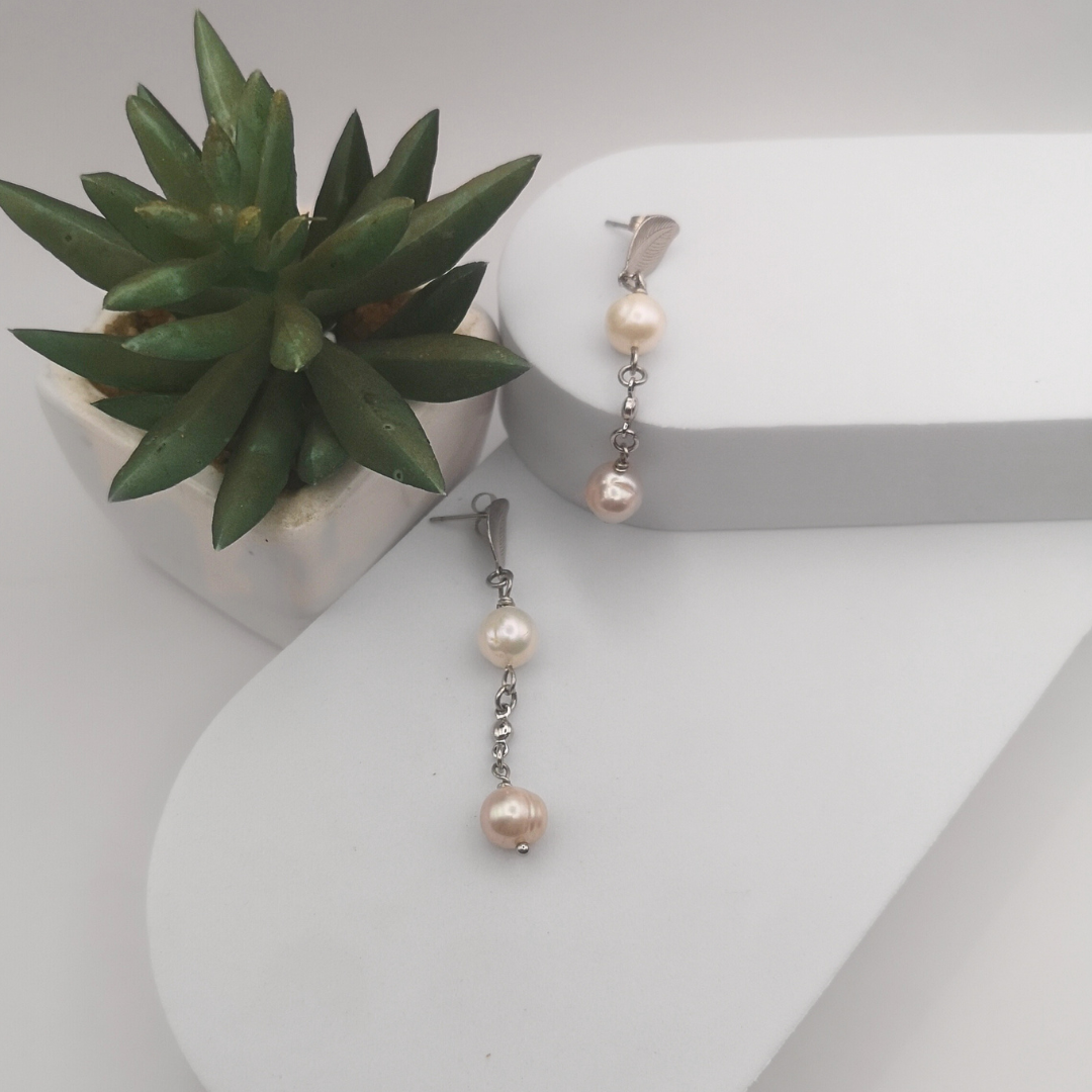 White And Peach Freshwater Pearl Stainless Steel Dangle Earrings