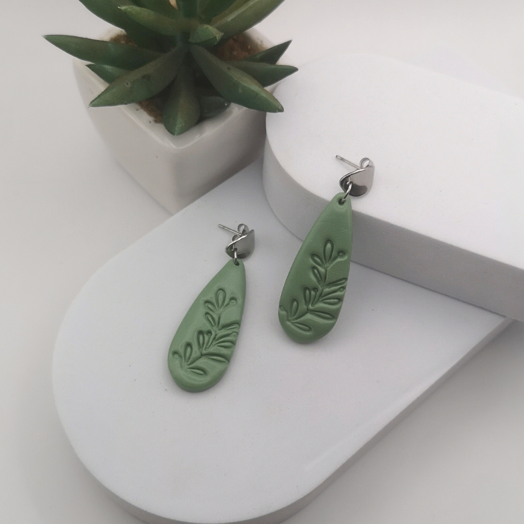 Sage Green Polymer Clay Teardrop Drop Earrings