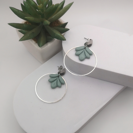 Smoked Blue Leaf Polymer Clay Stainless Steel Hoop Earrings