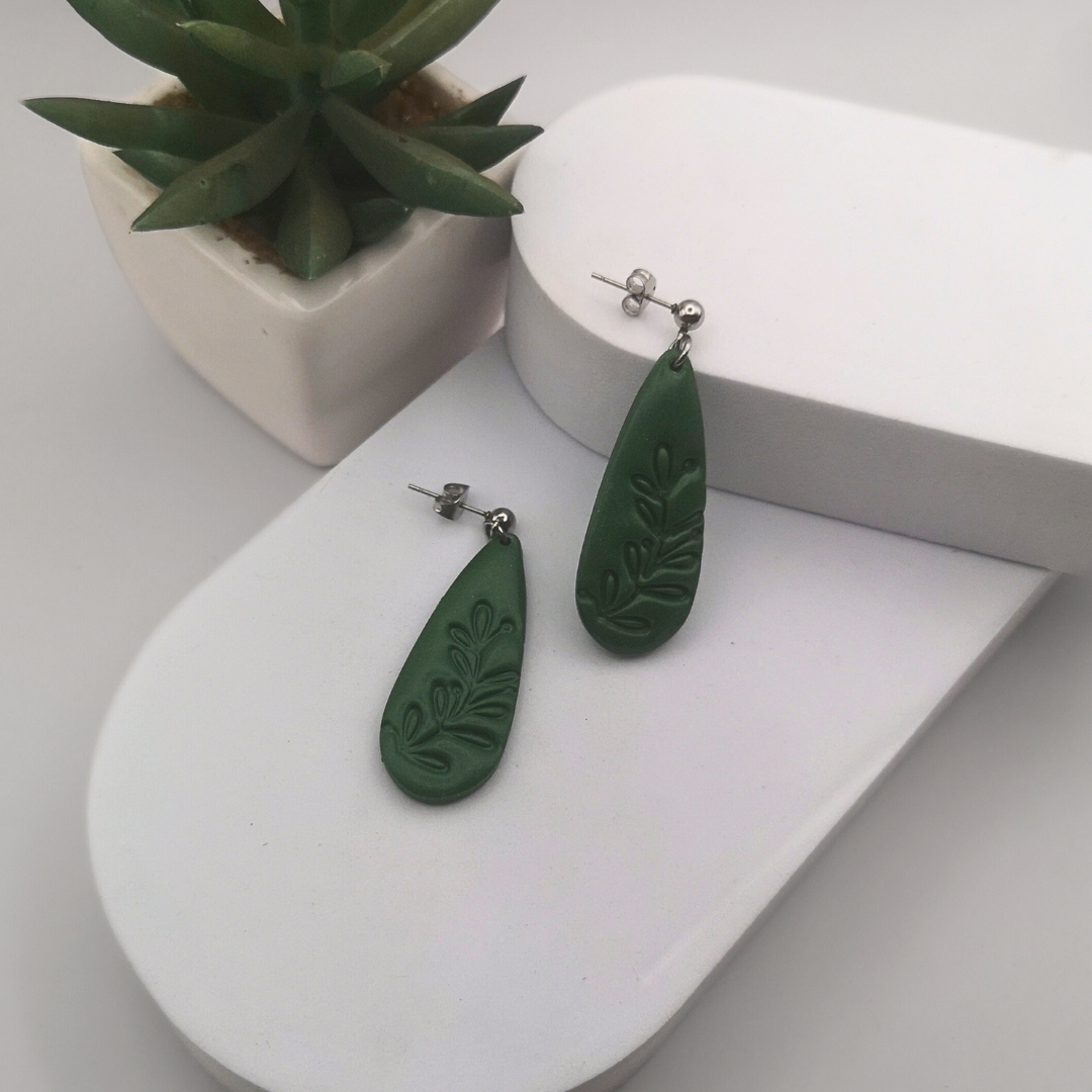 Dark Green Polymer Clay Teardrop Drop Earrings