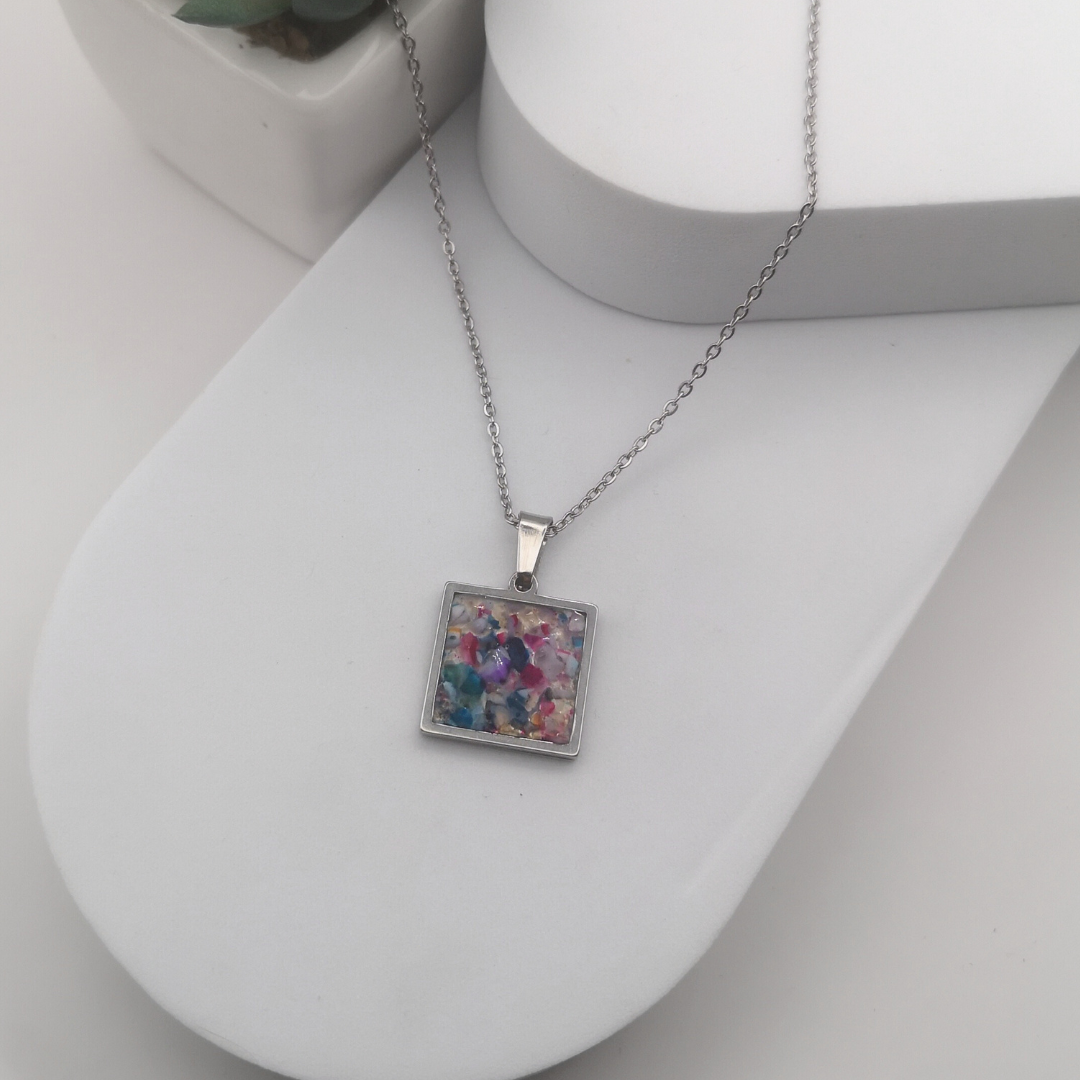 Multi Color Agate Stainless Steel Square Necklace