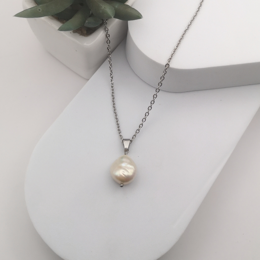 White Freshwater Coin Pearl Stainless Steel Necklace