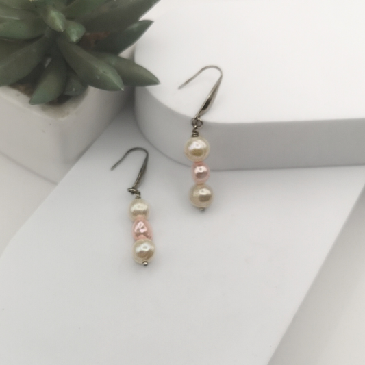 White And Pink Freshwater Pearl Drop Earrings