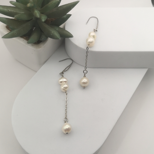 White Freshwater Pearl Stainless Steel Dangle Earrings