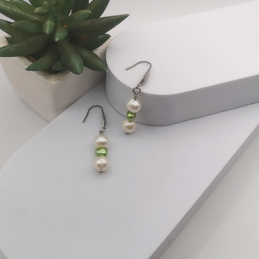 White And Green Freshwater Pearl Drop Earrings