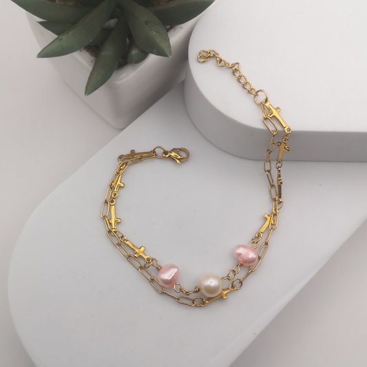 Freshwater White And Pink Pearl Golden Stainless Steel Bracelet