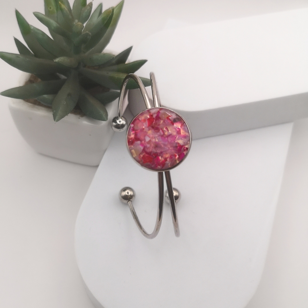 Crushed Pink Agate Stainless Steel Cuff Bracelet - Kiooinsitu