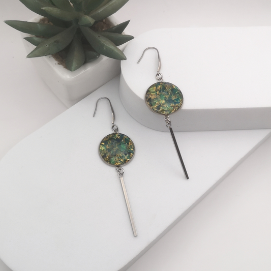 Crushed Blue Green Agate Dangle Earrings with Gold Leaf Accents