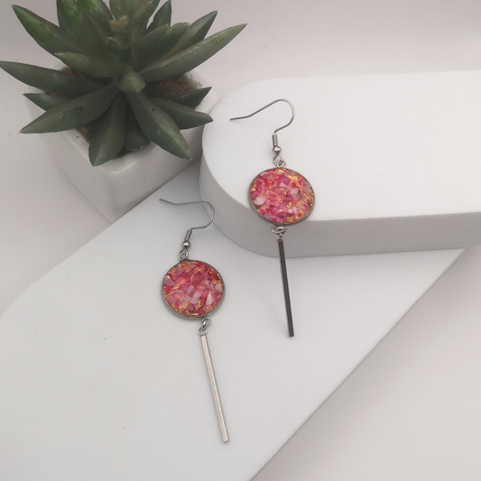 Crushed Red Pink Agate Dangle Earrings with Gold Leaf Accents