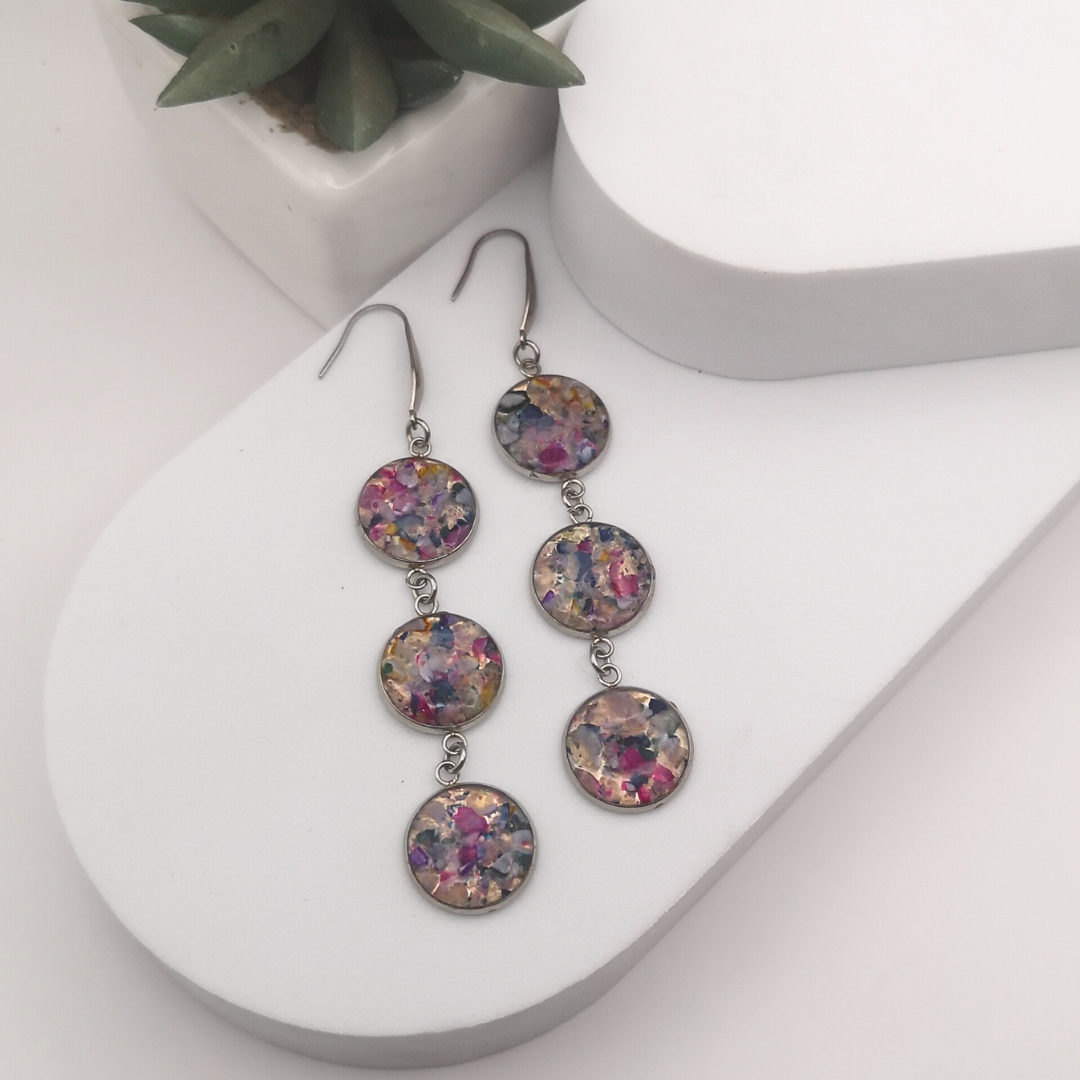 Crushed Multi Color Agate Stainless Steel Dangle Earrings