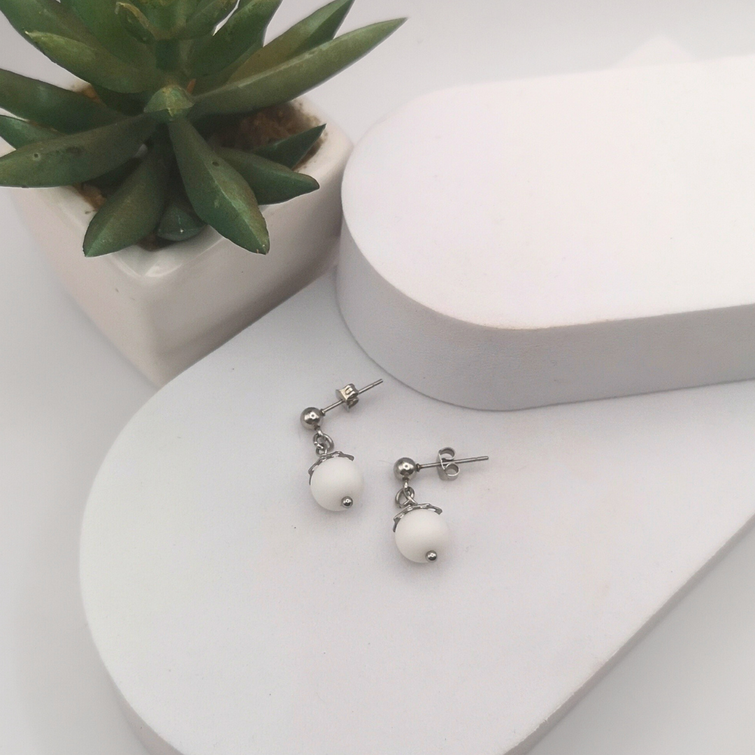 Natural White Stone Stainless Steel Drop Earrings