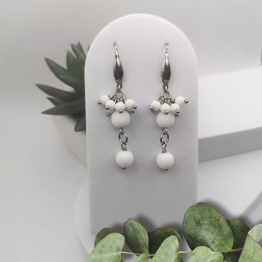 Elevate your style with our Natural White Stone Stainless Steel Dangle Earrings. Handcrafted with a unique design.