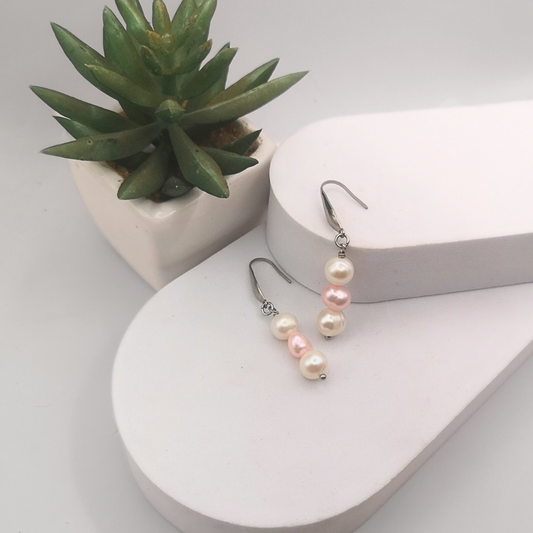 White And Pink Freshwater Pearl Drop Earrings