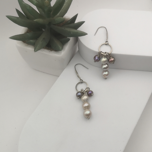 Purple And Silver Freshwater Pearl Stainless Steel Drop Earrings