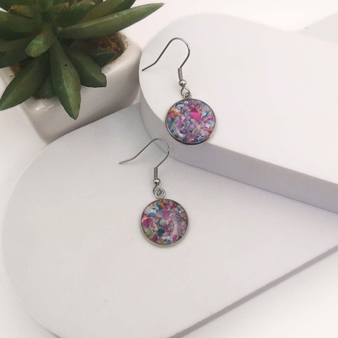 Crushed Multi color Agate Stainless Steel Drop Earrings