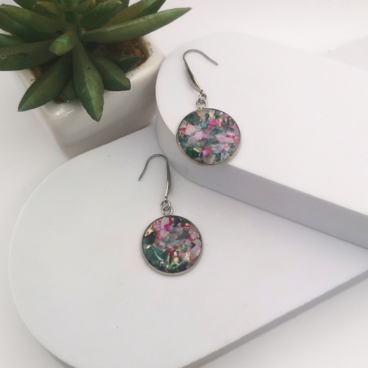 Crushed Multi color Agate Stainless Steel Drop Earrings