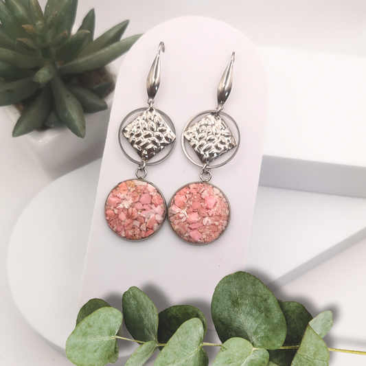 Crushed Pink Howlite Stainless Steel Dangle Earrings