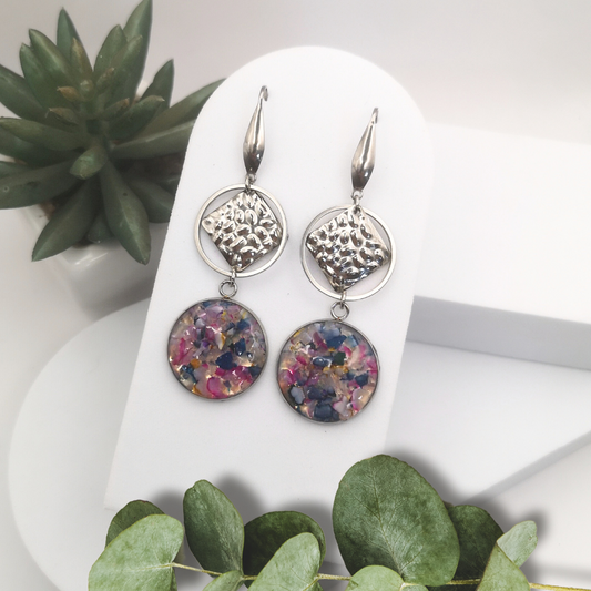 Crushed Multi Color Agate Stainless Steel Dangle Earrings