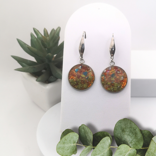 Crushed Multi Color Gemstones Stainless Steel Drop Earrings