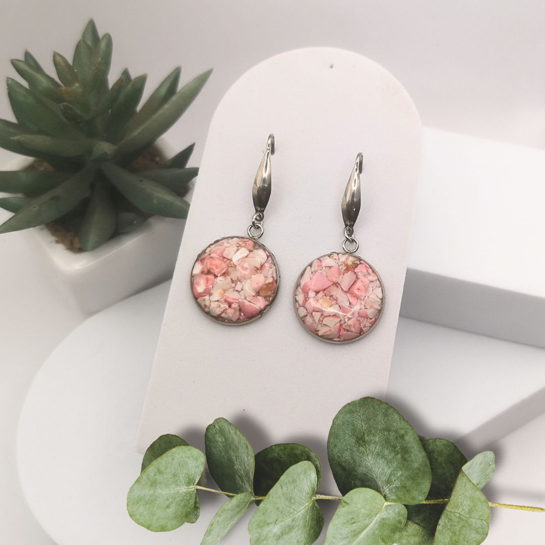 Crushed Pink Howlite Stainless Steel Drop Earrings