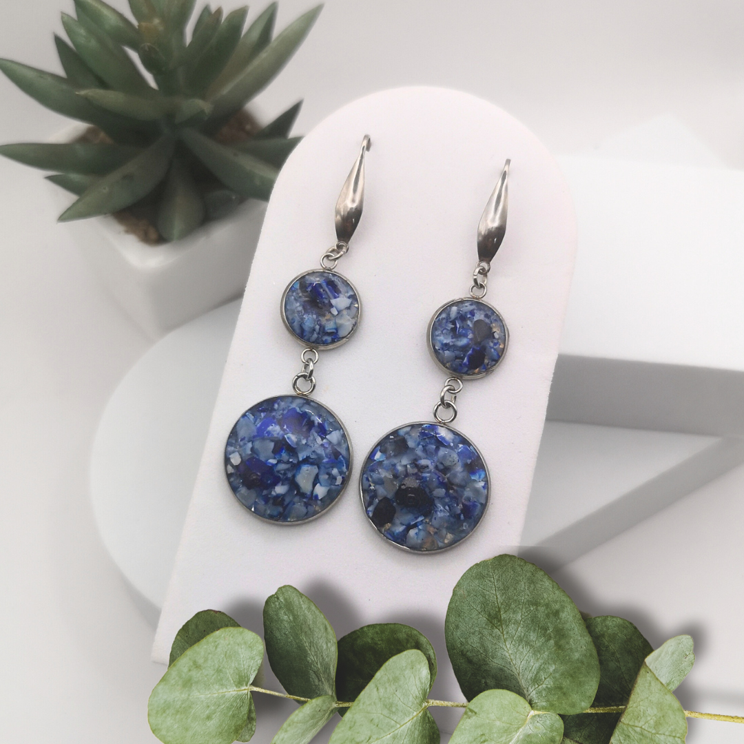 Crushed Dark Blue Agate Stainless Steel Dangle Earrings