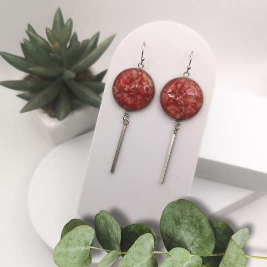 Crushed Red Coral Stainless Steel Dangle Earrings