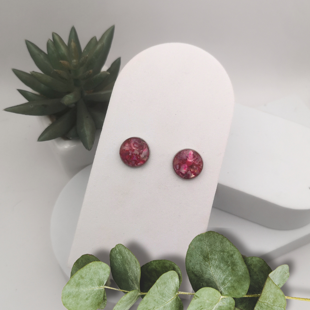 Crushed dark Pink Agate Ear Stud 12 mm