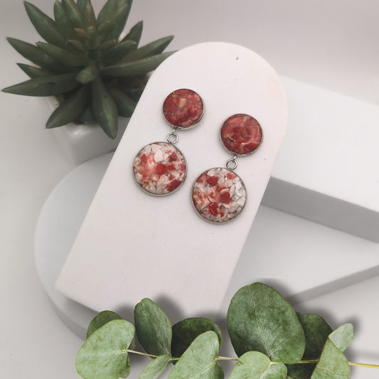 Crushed Red Coral And Howlite Stainless Steel Drop Earrings