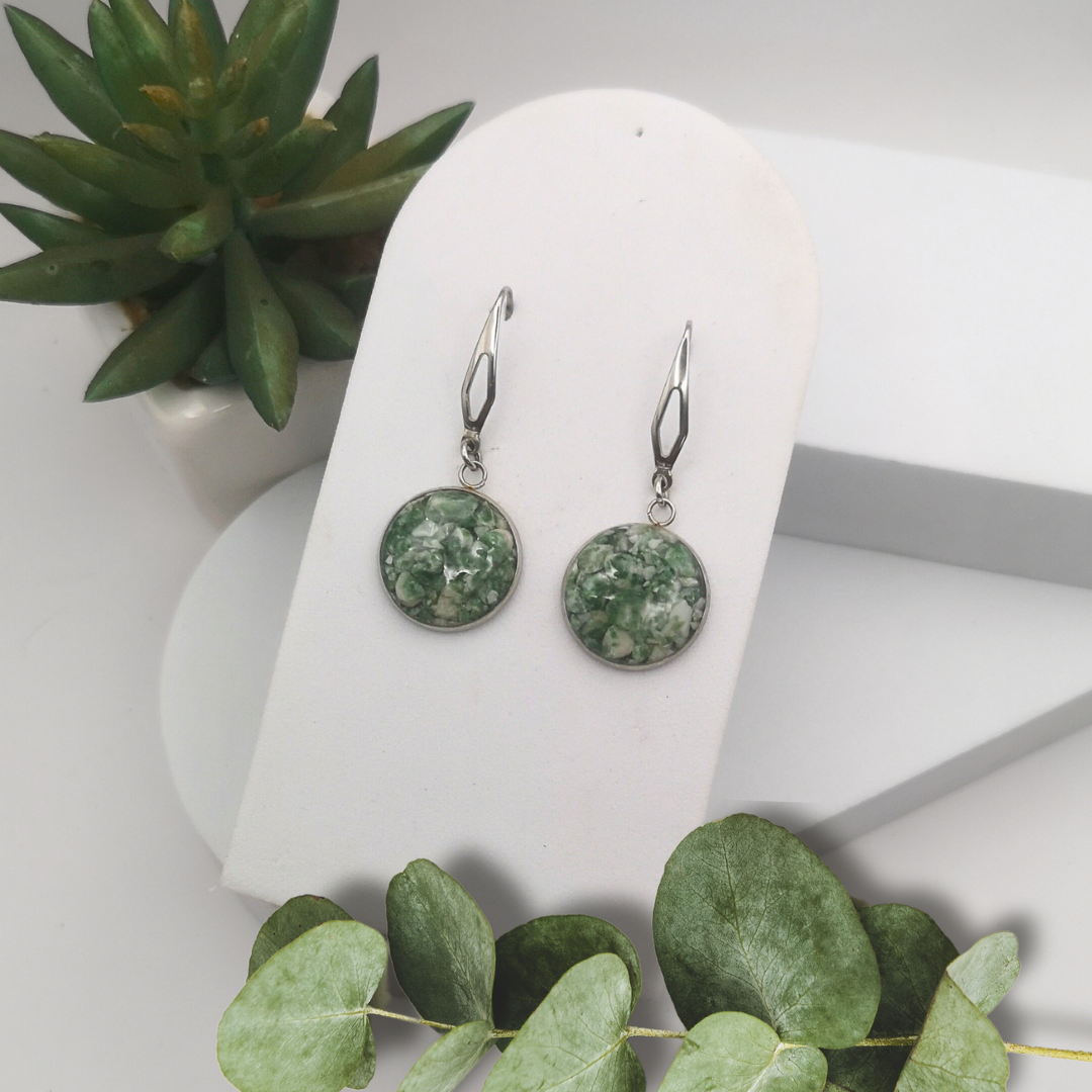 Crushed Green Moss Agate Stainless Steel Drop Earrings