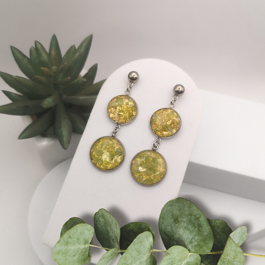 Crushed Peridot And Gold Leaf Stainless Steel Dangle Earrings