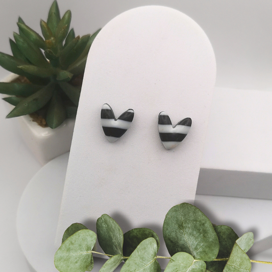 Black And White Polymer Clay Heart Ear Studs