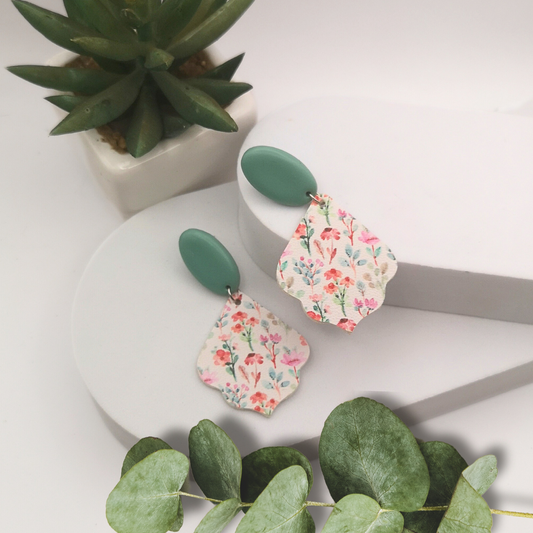 Floral Printed Faux Leather And Polymer Clay Drop Earring