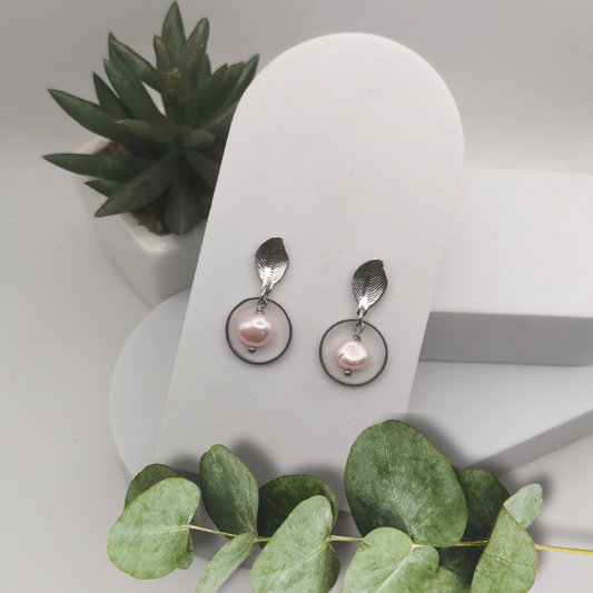 Pink Freshwater Pearl Stainless Steel Drop Earrings