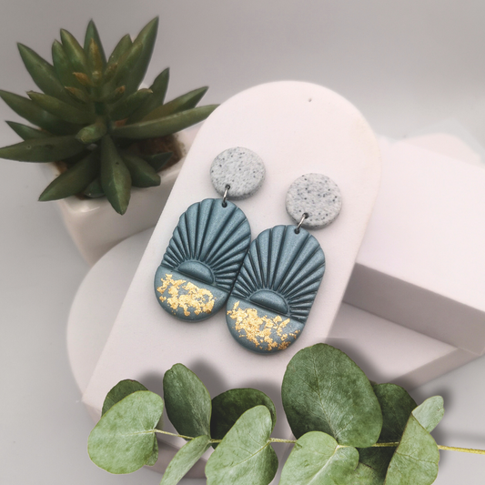 Blue Grey Polymer Clay Oval Drop Earrings