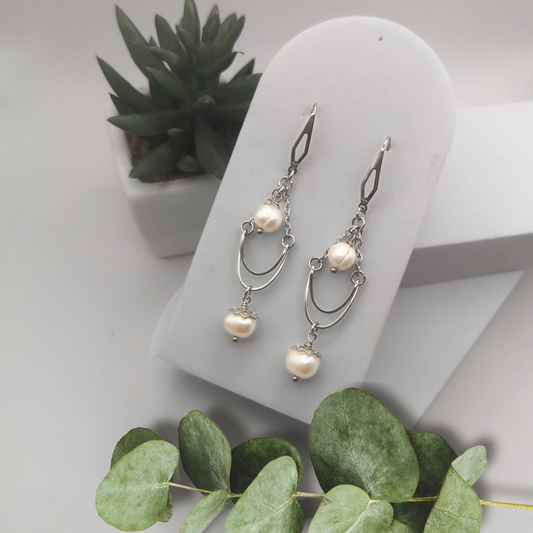 White Freshwater Pearl Stainless Steel Dangle Earrings