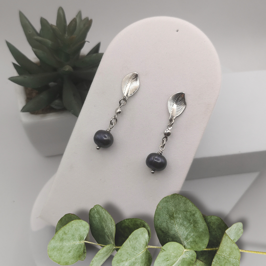 Midnight Blue Freshwater Pearl Stainless Steel Drop Earrings