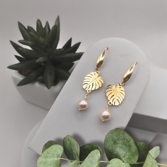 Golden Elegance Soft pink Freshwater Pearl & Monstera Leaf Dangle Earrings